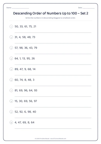 descending order of numbers worksheet