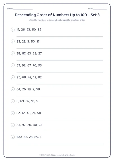 descending order of numbers worksheet