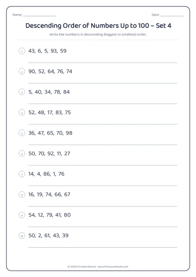 descending order of numbers worksheet