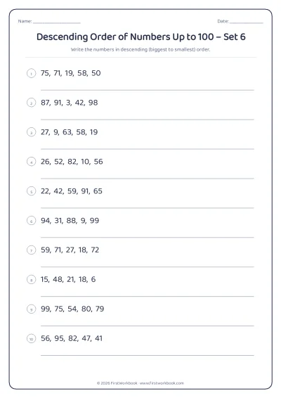descending order of numbers worksheet