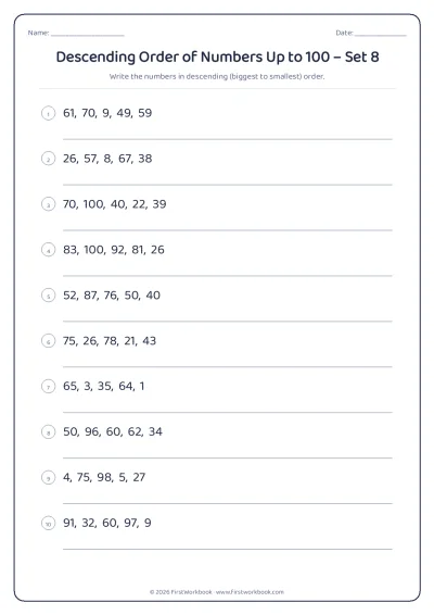 descending order of numbers worksheet
