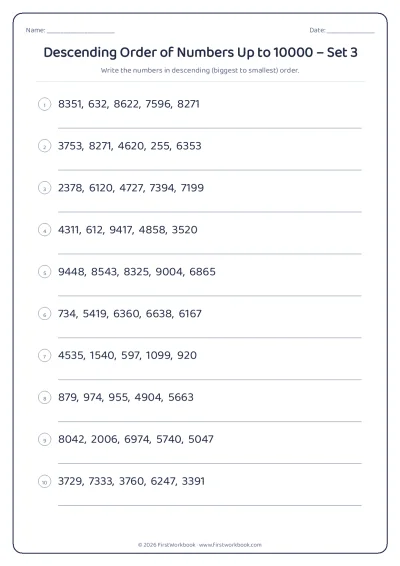 descending order of numbers worksheet