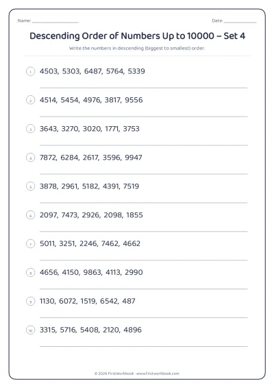 descending order of numbers worksheet