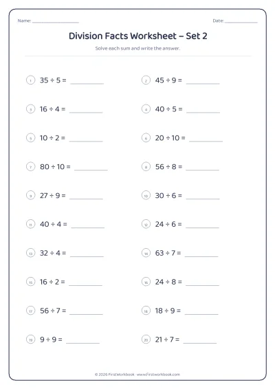 Division Facts practice worksheet with 20 sums and writing lines