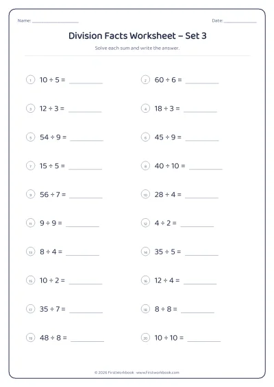Division Facts practice worksheet with 20 sums and writing lines