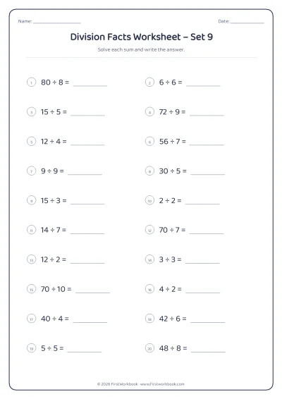 Division Facts practice worksheet with 20 sums and writing lines