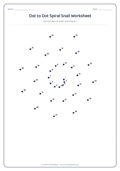 dot to dot worksheet Spiral Snail
