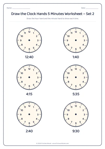 draw the clock hands worksheet times to the nearest 5 minutes
