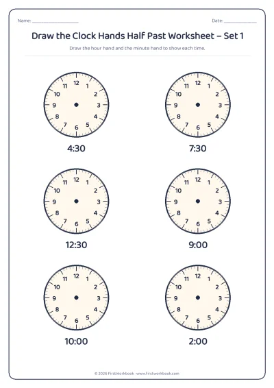 draw the clock hands worksheet o'clock and half past times
