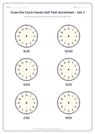 draw the clock hands worksheet o'clock and half past times