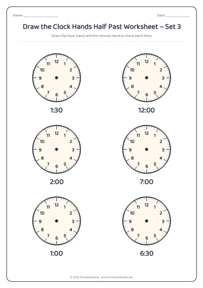 draw the clock hands worksheet o'clock and half past times
