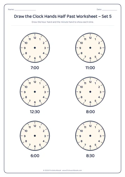 draw the clock hands worksheet o'clock and half past times