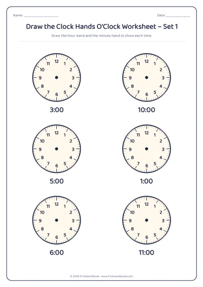 draw the clock hands worksheet o'clock times on the hour