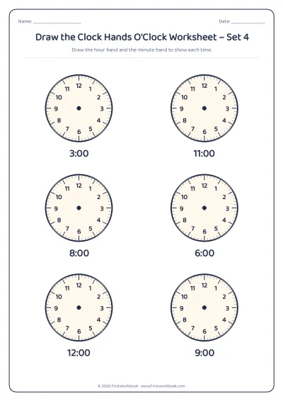draw the clock hands worksheet o'clock times on the hour