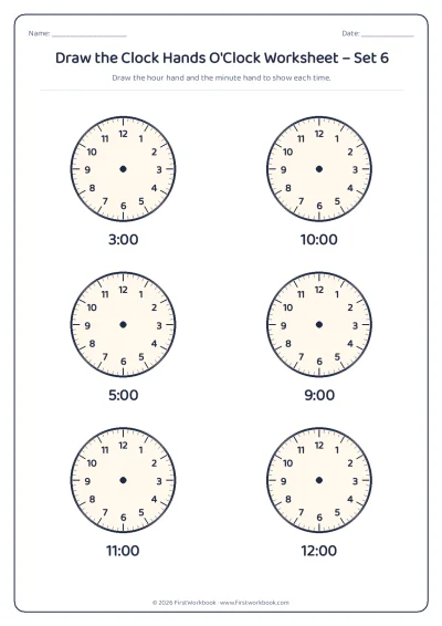 draw the clock hands worksheet o'clock times on the hour