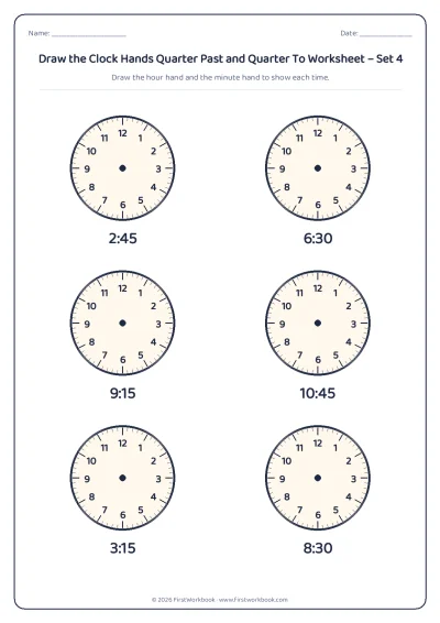 draw the clock hands worksheet quarter past, half past and quarter to