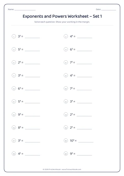 exponents and powers maths worksheet