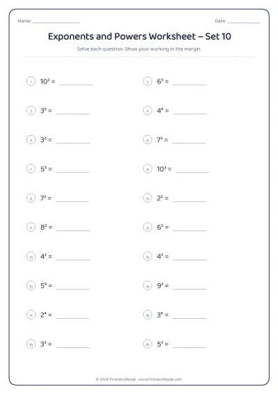 exponents and powers maths worksheet