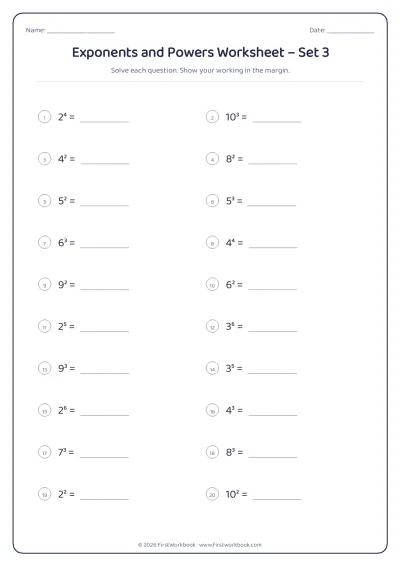 exponents and powers maths worksheet