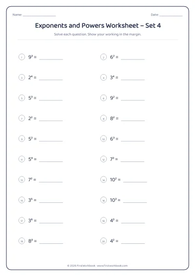 exponents and powers maths worksheet