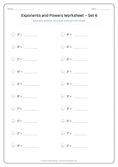 exponents and powers maths worksheet