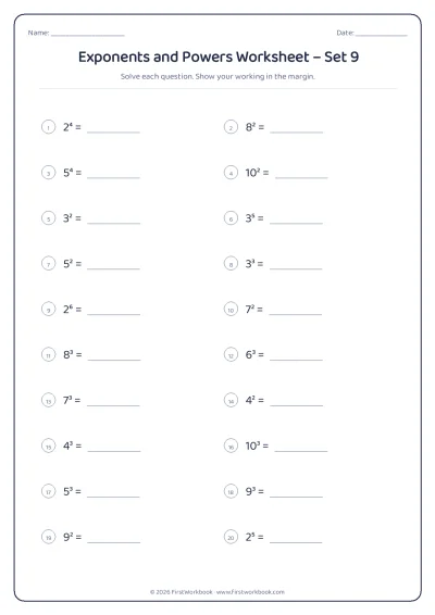exponents and powers maths worksheet