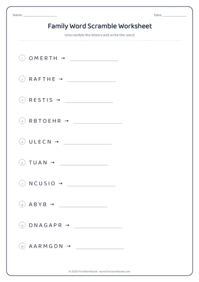 family word scramble worksheet
