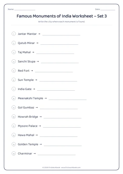 famous monuments of india GK worksheet for kids