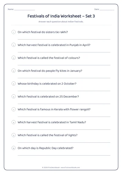 festivals of india GK worksheet for kids