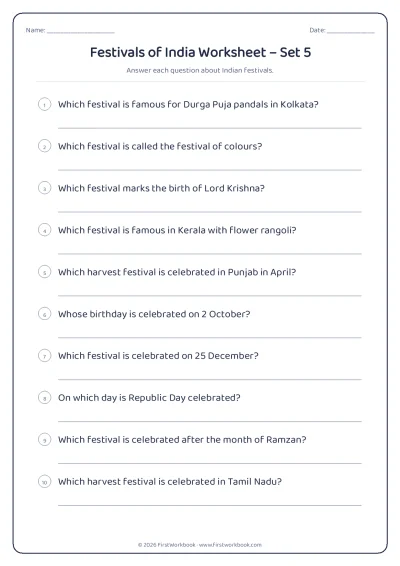 festivals of india GK worksheet for kids