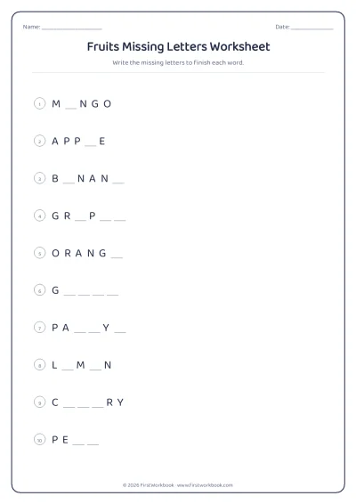 fruits missing letters spelling worksheet