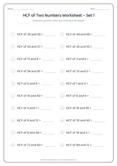 hcf of two numbers maths worksheet