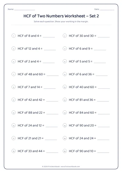 hcf of two numbers maths worksheet