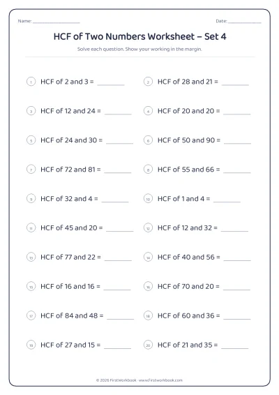 hcf of two numbers maths worksheet