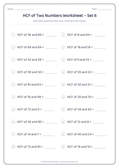 hcf of two numbers maths worksheet