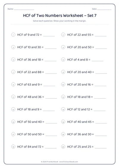 hcf of two numbers maths worksheet
