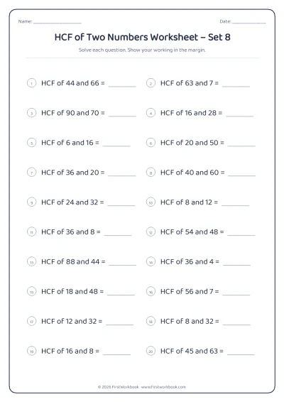 hcf of two numbers maths worksheet