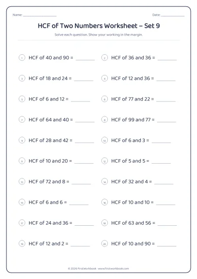 hcf of two numbers maths worksheet
