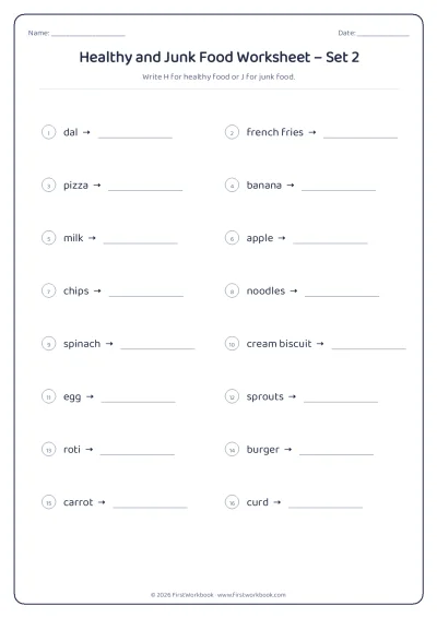 healthy and junk food science worksheet for kids