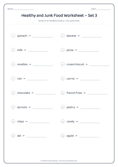 healthy and junk food science worksheet for kids