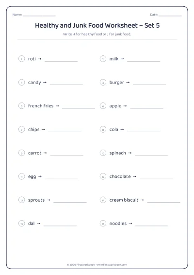 healthy and junk food science worksheet for kids