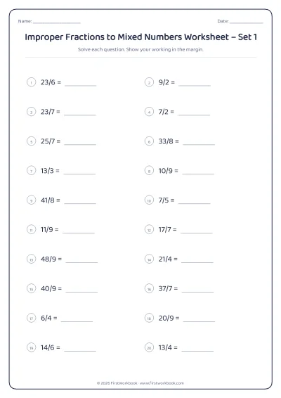 improper fractions to mixed numbers maths worksheet
