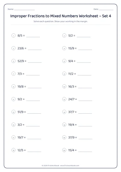 improper fractions to mixed numbers maths worksheet