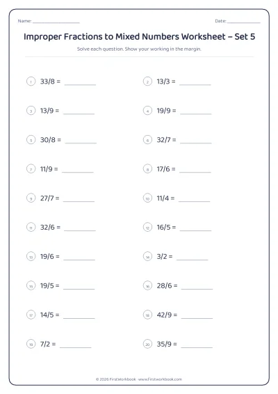 improper fractions to mixed numbers maths worksheet
