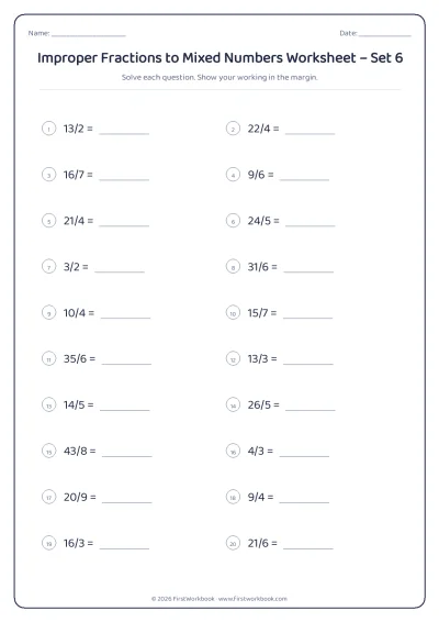 improper fractions to mixed numbers maths worksheet
