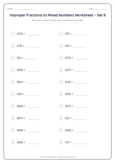 improper fractions to mixed numbers maths worksheet