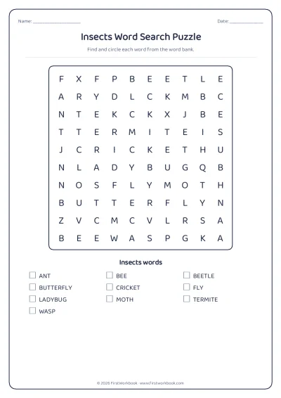 insects word search puzzle worksheet