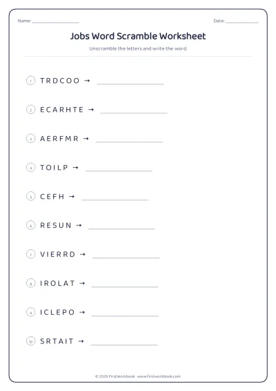 jobs word scramble worksheet