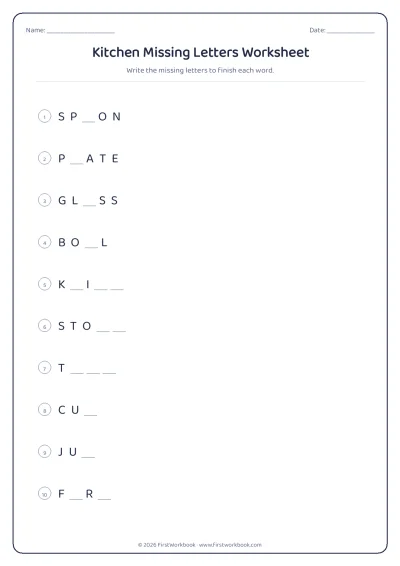 kitchen missing letters spelling worksheet