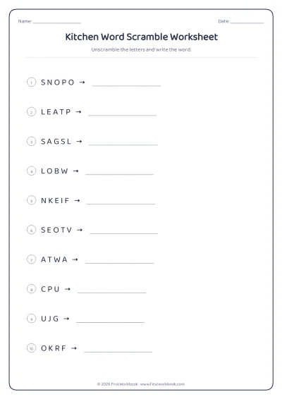 kitchen word scramble worksheet